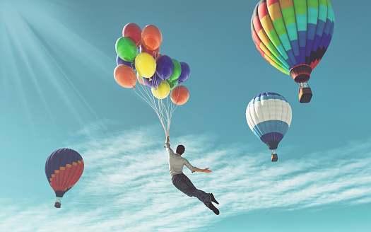 The young man in suit flying with colorful balloons around another balloons.  This is a 3d render illustration