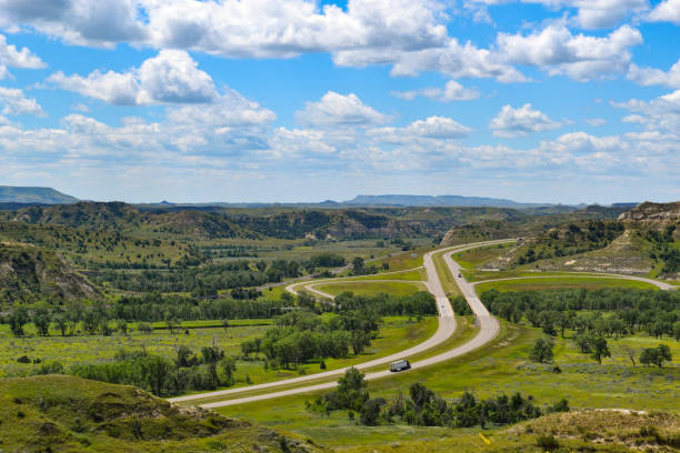 Theodore Roosevelt National Park Highway I-94 crossing the South Unit of Theodore Roosevelt National Park in the North Dakota Badlands north dakota stock pictures, royalty-free photos & images