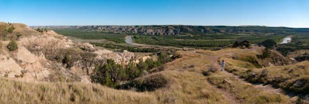 Theodore Roosevelt NP - North Unit River Bend Overlook Theodore Roosevelt National Park - Panoramic View of North Unit River Bend Overlook as a hiker approaches it theodore roosevelt national park stock pictures, royalty-free photos & images