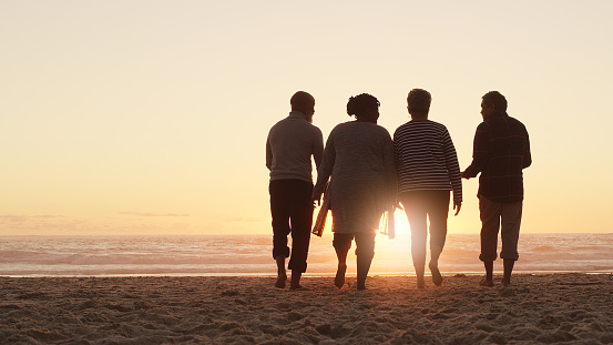 Full length shot of a group of friends enjoying a day out and walking along the beach together