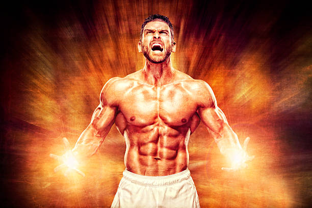 There Can Be Only One Powerful Muscular Men Have Some Extra Energy Burst or his PreWorkout Drink just kicks in :) male bodybuilders stock pictures, royalty-free photos & images
