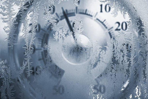 Thermometer behind a freezing window stock photo