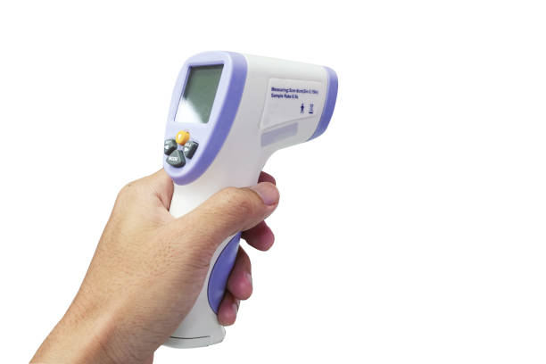 Thermometer Gun Isometric Medical Digital Non-Contact Infrared Sight Handheld Forehead Readings. Temperature Measurement Device isolated on white background. stock photo