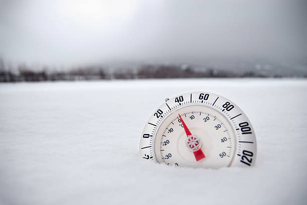 Thermometer in Desolate Winter Snow Tundra  fahrenheit stock pictures, royalty-free photos & images