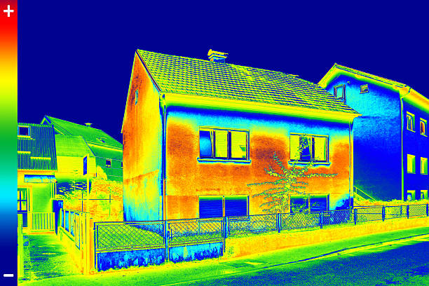 Thermovision image on House Infrared thermovision image showing lack of thermal insulation on House cold temperature photos stock pictures, royalty-free photos & images