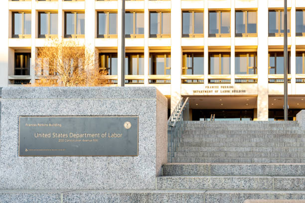 The United States Department of Labor (DOL) sign and building in Washington, DC. stock photo