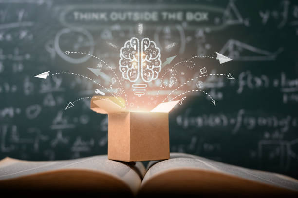 think outside the box on school green blackboard . startup  education concept. creative idea. leadership. - sabedoria imagens e fotografias de stock