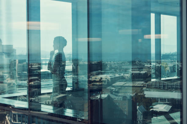 Thinking about ways to take over this city Shot of a businesswoman standing inside a glass building with a reflection of the city in the background looking at view stock pictures, royalty-free photos & images