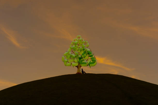 Thnking below an environmentally friendly symbol tree A man sitting below a tree made up of recycle symbols tree at dusk. circular economy stock pictures, royalty-free photos & images