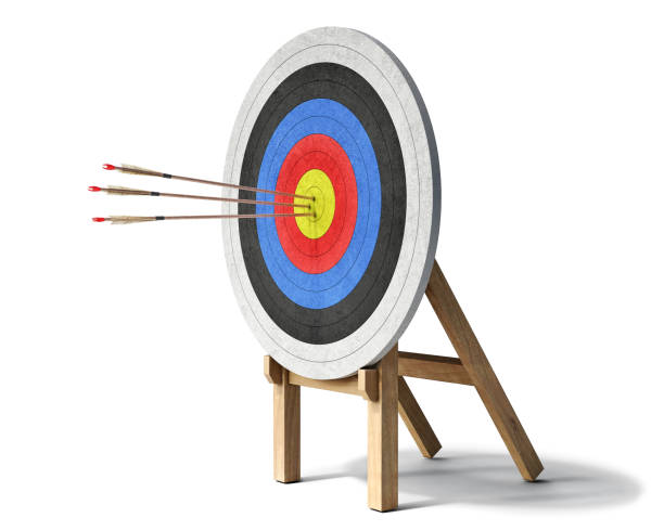 Three arrows hit right the target, archery cncept, 3d illustration stock photo