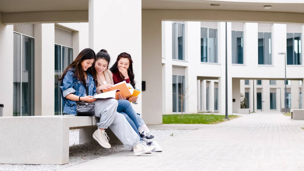 three asian girl students talking at break time sitting on campus three asian girl students talking at break time sitting on campus  student life stock pictures, royalty-free photos & images