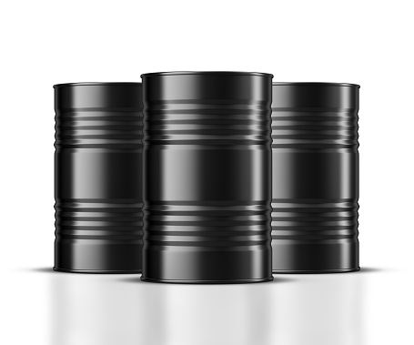 Three Black Oil Barrels Mockup On White Stock Photo - Download Image