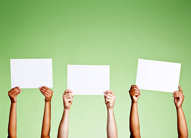 Three blank signs wait for your message or comment stock photo