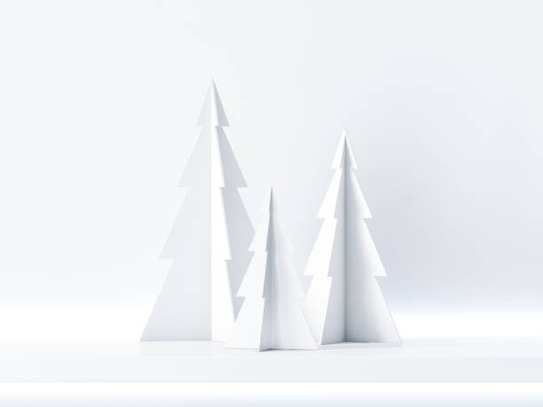 árvore de natal três na prateleira branca, plano de fundo para o cartão de felicitações - arvores 3d - fotografias e filmes do acervo