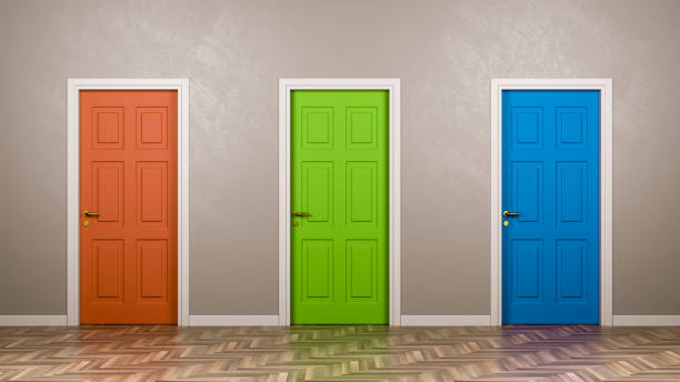 Three Closed Doors in the Room Three Closed Doors with Different Color in Front in the Room 3D Illustration, Choice Concept choice stock pictures, royalty-free photos & images