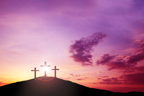Three cross on the hill, Jesus Christ from the Bible. Easter, Religion. Salvation of sins, sacrifice  easter sunday stock pictures, royalty-free photos & images