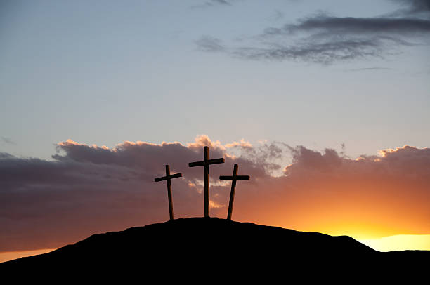 Three crosses at Calvary, near Jerusalem on Good Friday.  good friday stock pictures, royalty-free photos & images