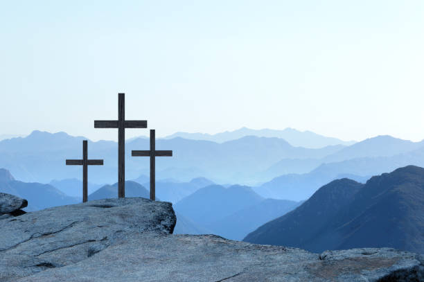 Three Crosses On A Cliff  good friday stock pictures, royalty-free photos & images