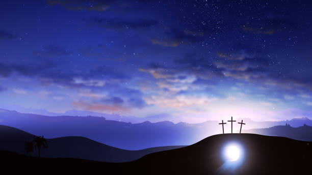 Three crosses on the hill and Jesus tomb with clouds on blue sky stock photo