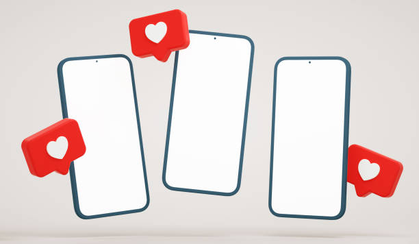 Three empty screen phone mockup with social media heart notifications. Smartphone display and social network buttons, realistic presentation template in 3D rendering stock photo