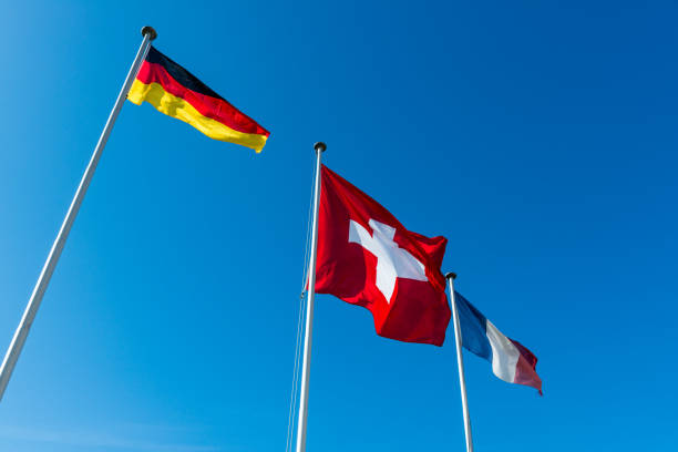three flags german french and swiss Tri-border area stock photo