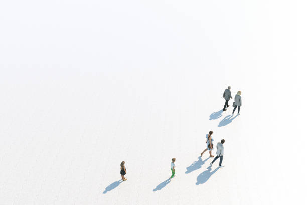 Three Generations Caucasian Family Walking, High Angle View, Isolated Against White, Unrecognizable stock photo