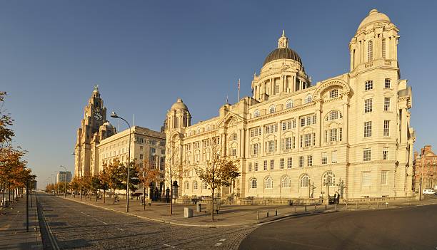 Three Graces, Liverpool The Three Graces, The Royal Liver Building, The Cunard Building and the Port of Liverpool Building, take centre stage in  the Liverpool Maritime Mercantile City UNESCO World Heritage Site.(multipul images stitched). cunard building liverpool stock pictures, royalty-free photos & images