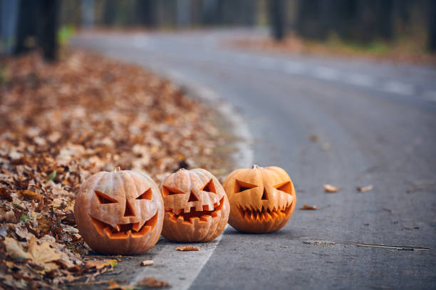 Three Halloween Pumpkins on the side of the road in the forest stock photo