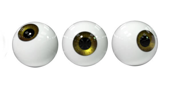 three human eyes with golden iris, isolated on white background stock photo