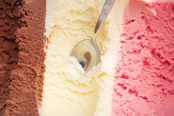 three kinds of ice cream in a box - strawberry ice cream imagens e fotografias de stock