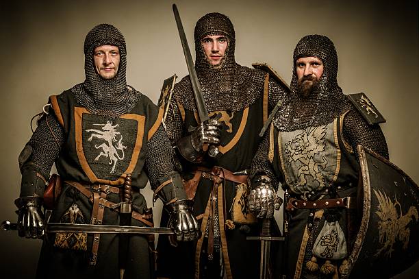 Three medieval knights stock photo