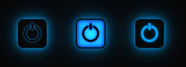 Three power buttons lighting in darkness (3D render) stock photo
