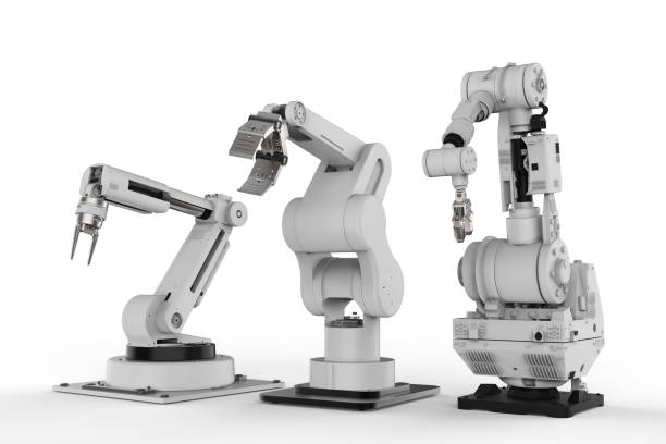 три роботизированных оружия на белом фоне - robot hand white background стоковые фото и изображения