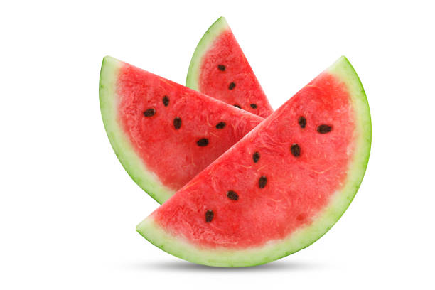 drie segmenten van verse watermeloen geïsoleerd op witte achtergrond - watermeloen stockfoto's en -beelden