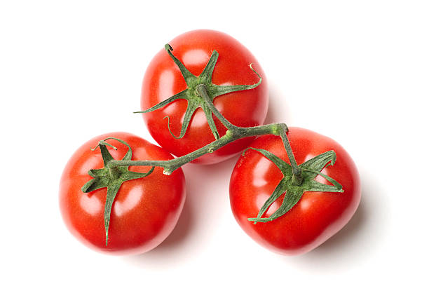 Three Tomatoes on Vine Three tomatoes on vine, against white background.  Click this link to see MY VEGETABLE IMAGES. tomato stock pictures, royalty-free photos & images