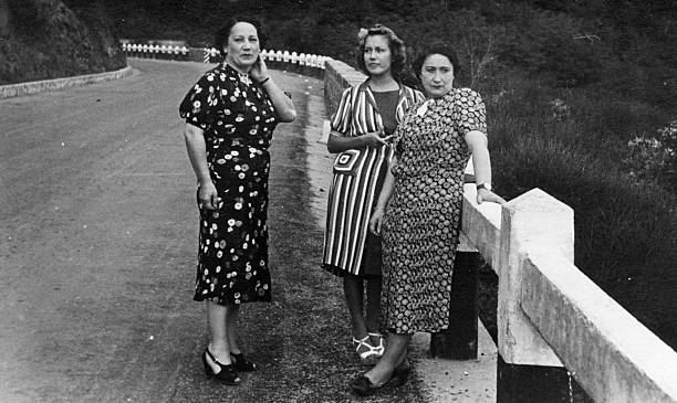 Three Women on the Road.1931,Black And White Some scratches and grain. Scanned print. italy photos stock pictures, royalty-free photos & images