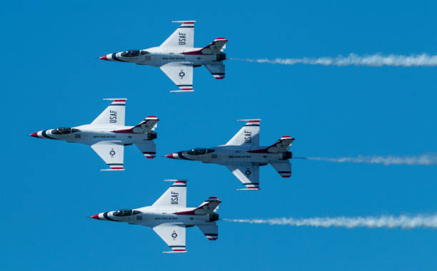 USAF Thunderbird's inn diamond formation flying sideways Wantagh, New York, USA - 24 May 2019: The United States Air Force Thunderbirds in diamond formation at a free practice round Friday of Memorial day weekend. us air force stock pictures, royalty-free photos & images