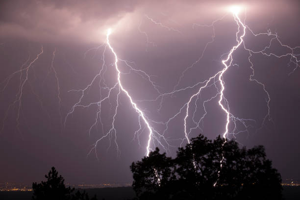 Thunderstruck Night shot of stunning lightning strikes over non-urban landscape thunderstorm stock pictures, royalty-free photos & images
