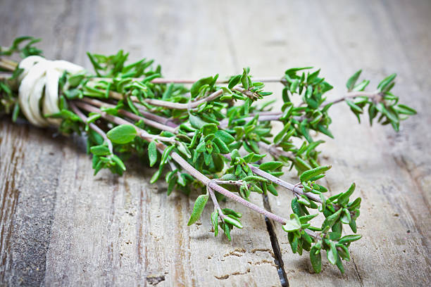 thyme on wooden table fresh thyme on wooden table thyme photos stock pictures, royalty-free photos & images