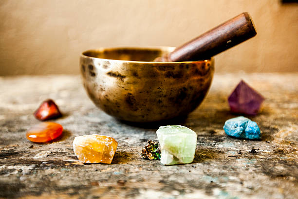 Tibetan Singing Bowl and Gemstones stock photo