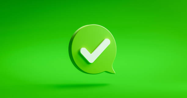 Tick check mark icon button and yes or approved symbol on confirm correct sign checklist background with agreement success box. 3D rendering. stock photo