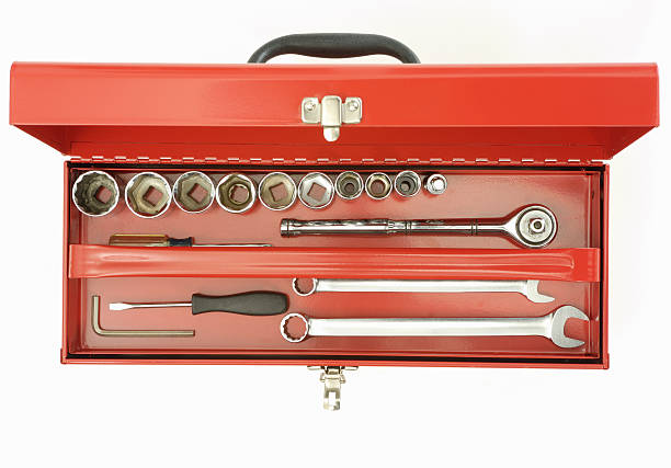 ordentlich rote toolbox - werkzeugkasten von oben stock-fotos und bilder