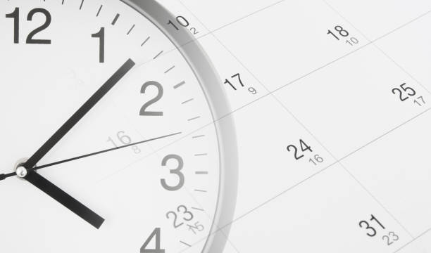 tids-och planerings koncept, collage med klocka och kalender - calendar clock bildbanksfoton och bilder