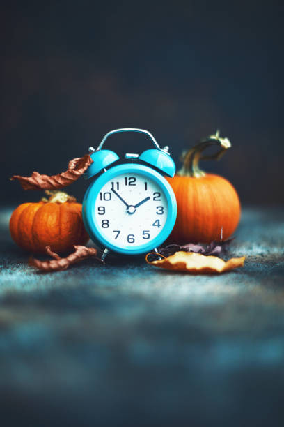Time for Fall. Alarm clock with leaves and pumpkins. Daylight Savings Time. Time for Fall. Alarm clock with leaves and pumpkins chiaroscuro stock pictures, royalty-free photos & images