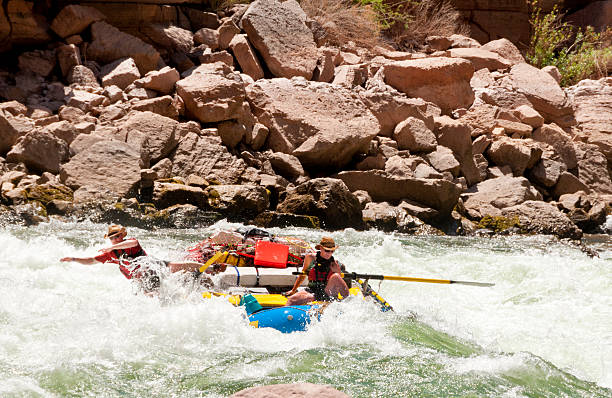 Time to Abandon Ship "Oarsman jumps off of raft before it flips over in a hole in Upset Rapid at mile 150 on the Colorado River.  This is one of several images captured during a 200 mile, 16 day trip through the Grand Canyon." colorado river stock pictures, royalty-free photos & images