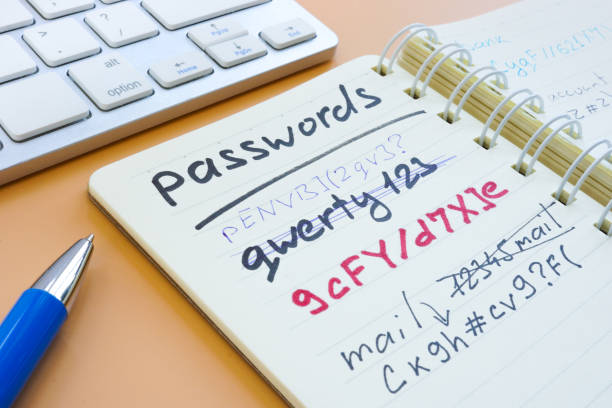 Time to change strong password from weak. Notepad with passwords. stock photo