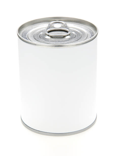 Tin can with blank white label stock photo