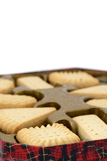 Tin of shortbread biscuits with room for copy stock photo