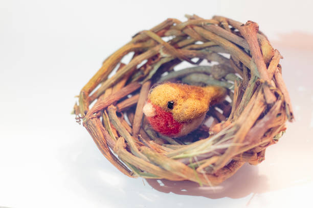 Tiny felt robin in a basket nest stock photo