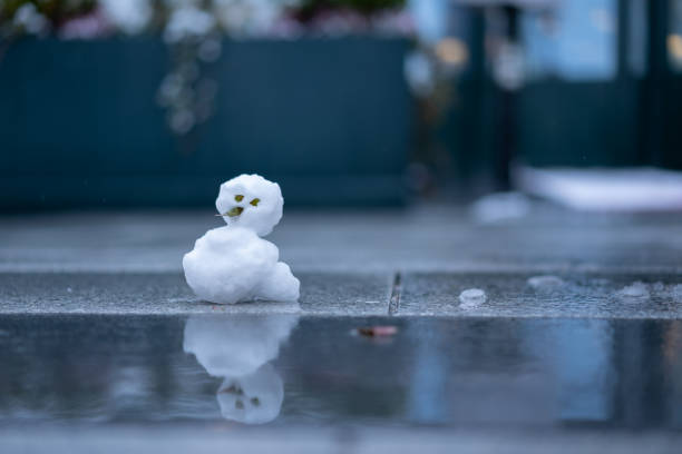 tiny melting snowman on sidewalk little snowman with face on asphalt on wet winter day with reflections, shallow focus, place for text melting snow man stock pictures, royalty-free photos & images